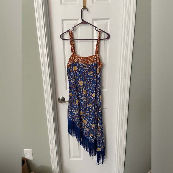 RusttyDustty Blue and Orange Floral Fringe Dress with angled hem. Boho style. - Picture 1 of 4